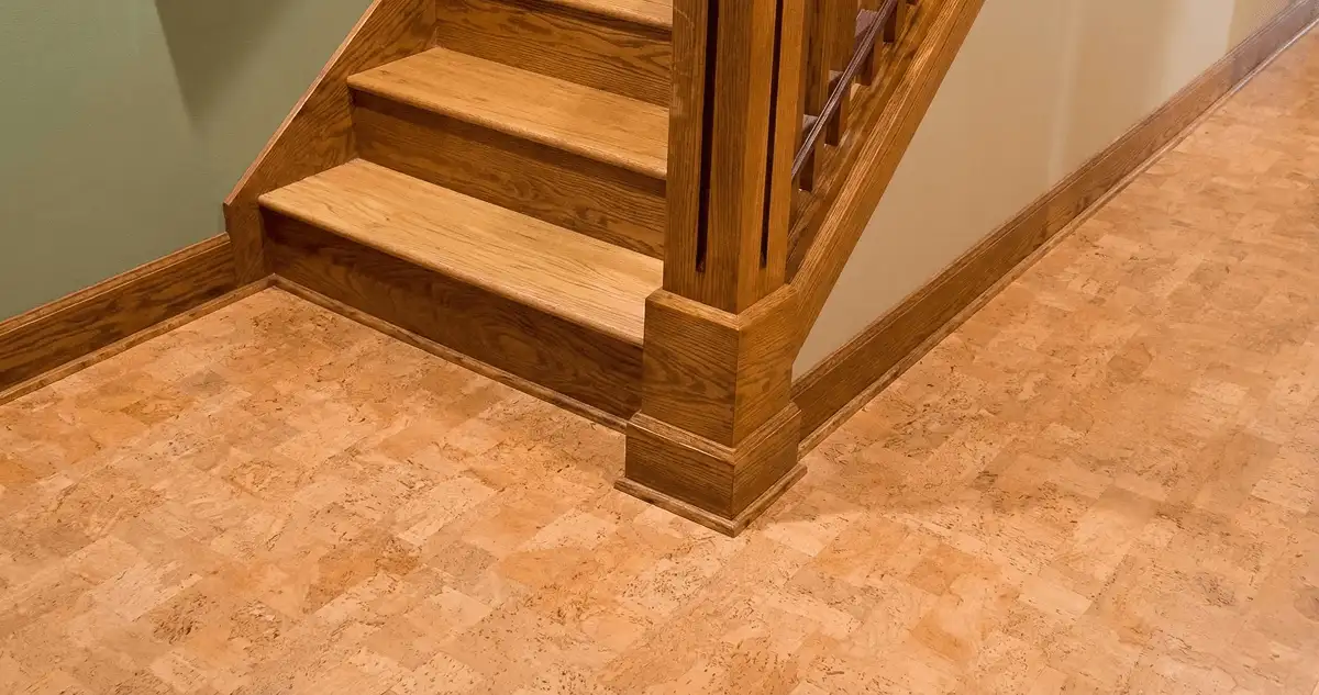End of a staircase with cork flooring in Saint Louis, MO