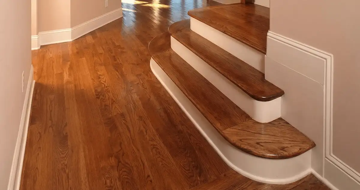 Base floor of a staircase with professionally restored wood flooring in Saint Louis MO
