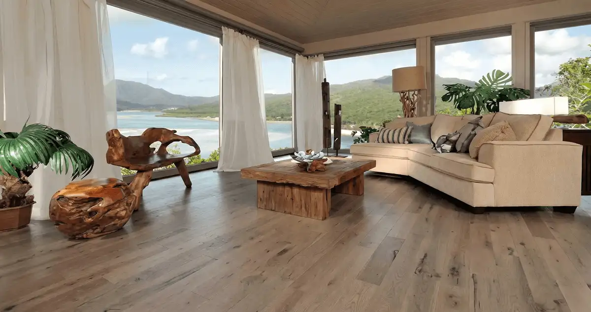Professionally installed vinyl flooring in a modern living room with large windows in Saint Louis, MO